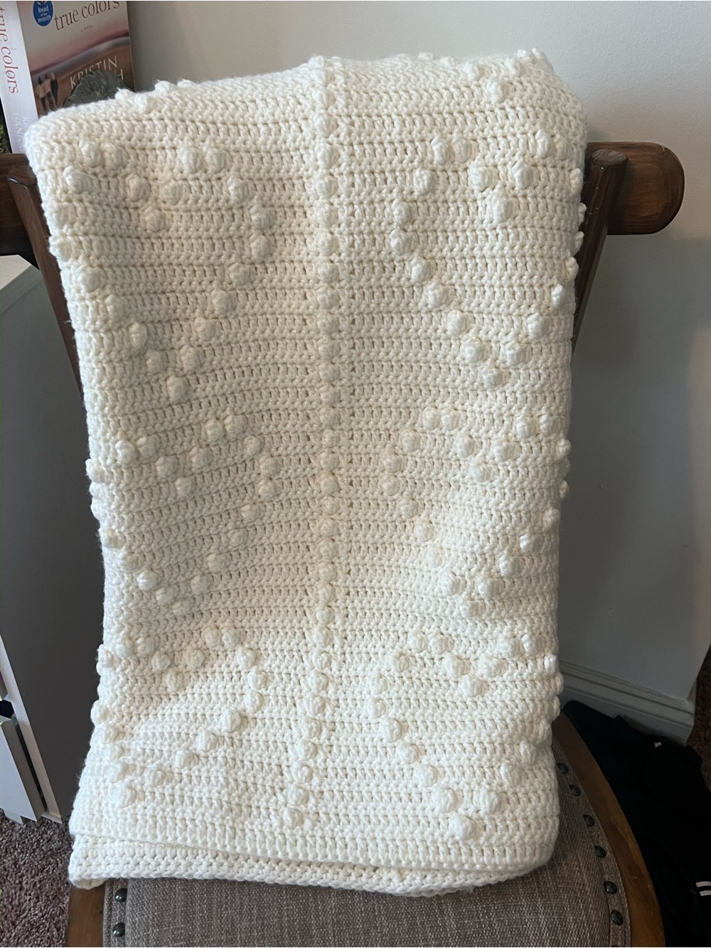 Handmade Cream Crochet Bobble Heart design blanket.